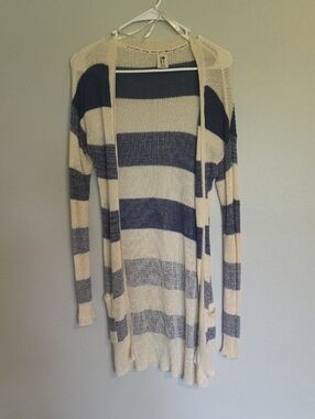 Roxy Striped Crochet Knit Cardigan Sweater - Cream & Navy